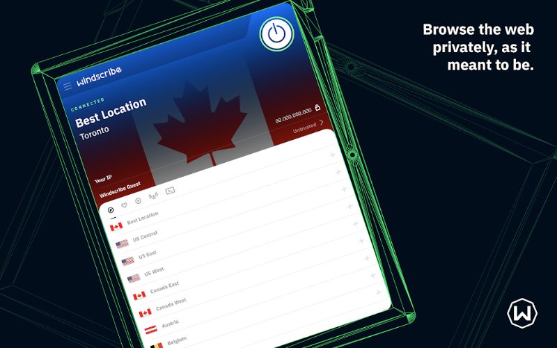 Windscribe VPN server choice on tablet
